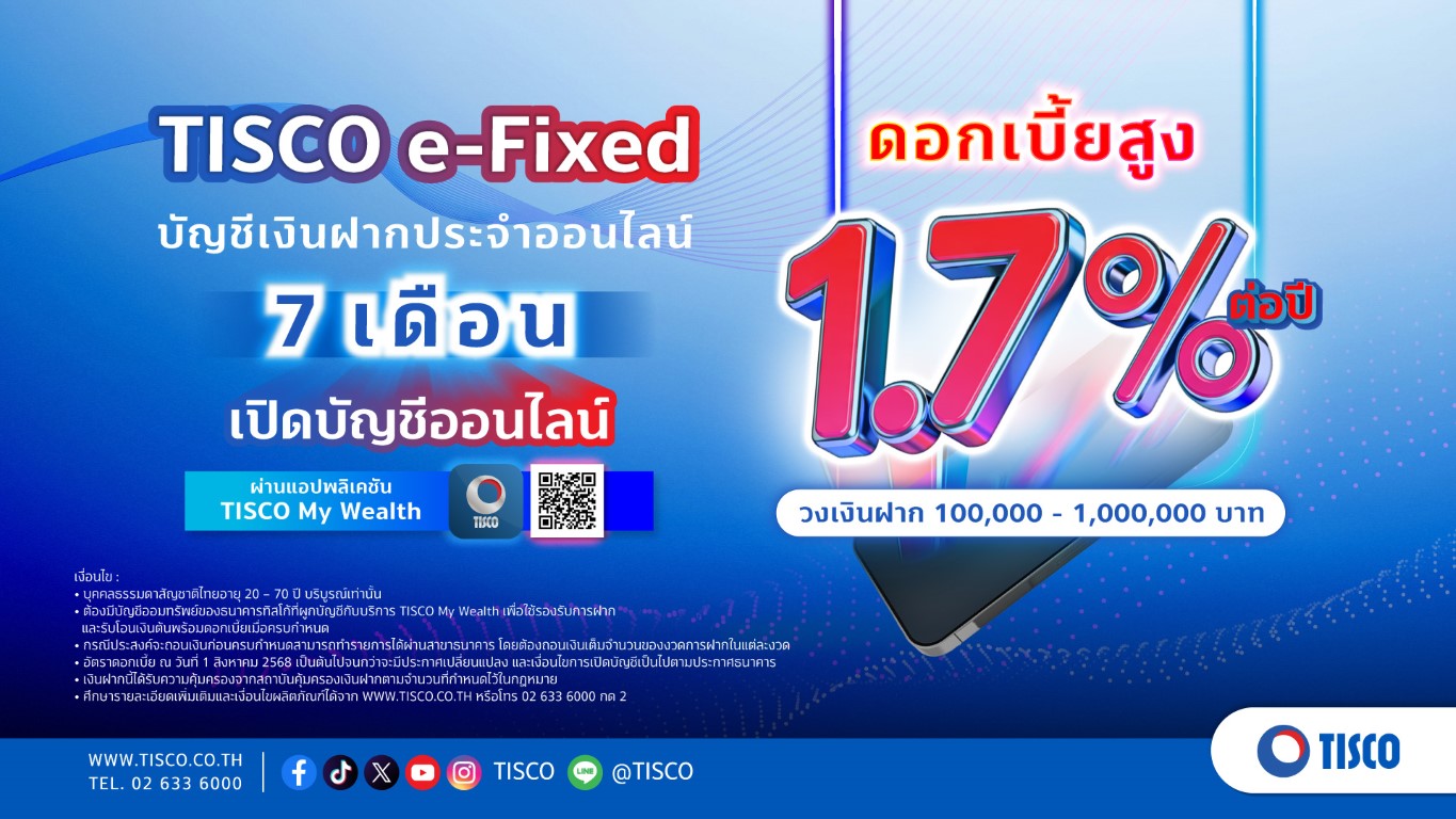ธ.ทิสโก้ เอาใจคนชอบดอกเบี้ยสูง ชูบัญชีเงินฝากประจำออนไลน์ 